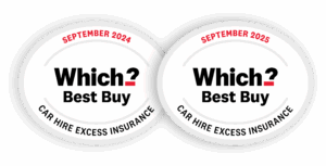 Two overlapping white oval badges displaying the text 'Which? Best Buy' for car hire excess insurance dated September 2024 and 2025.