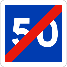 Blue square traffic sign with white "50" and a red diagonal line through it indicating the end of the 50 km/h speed limit zone.