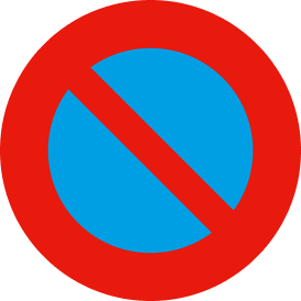 No parking road sign that is a red circle with a blue center crossed by a red diagonal line.
