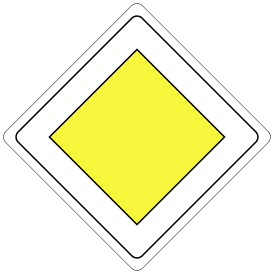A yellow diamond-shaped traffic sign bordered in white and black indicating a priority road. 