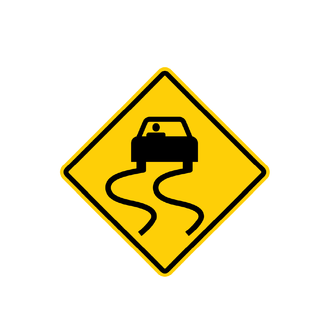 Yellow diamond-shaped road sign with a black car icon and curved skid marks to highlight slippery road conditions ahead.