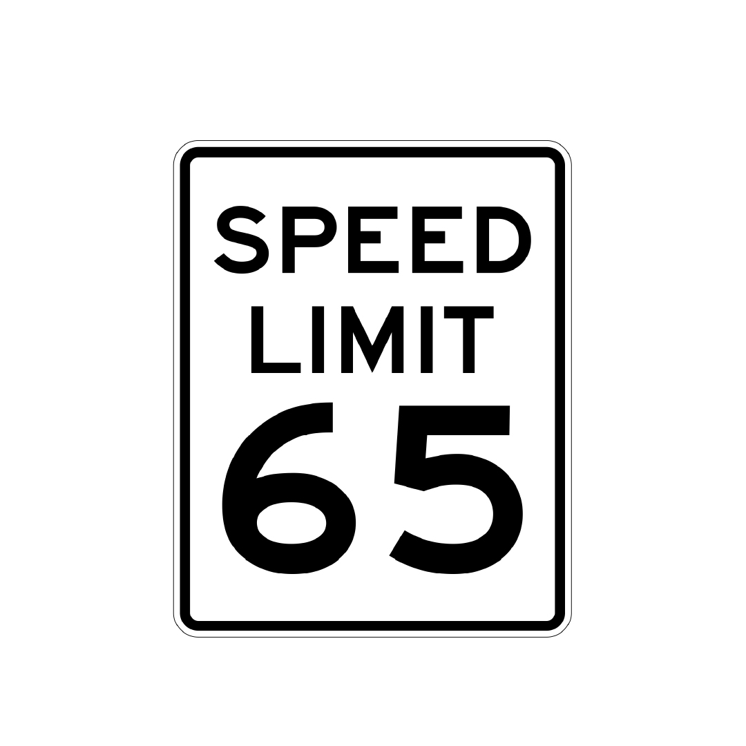 Rectangular road sign with bold black text on a white background reading  "SPEED LIMIT 65".