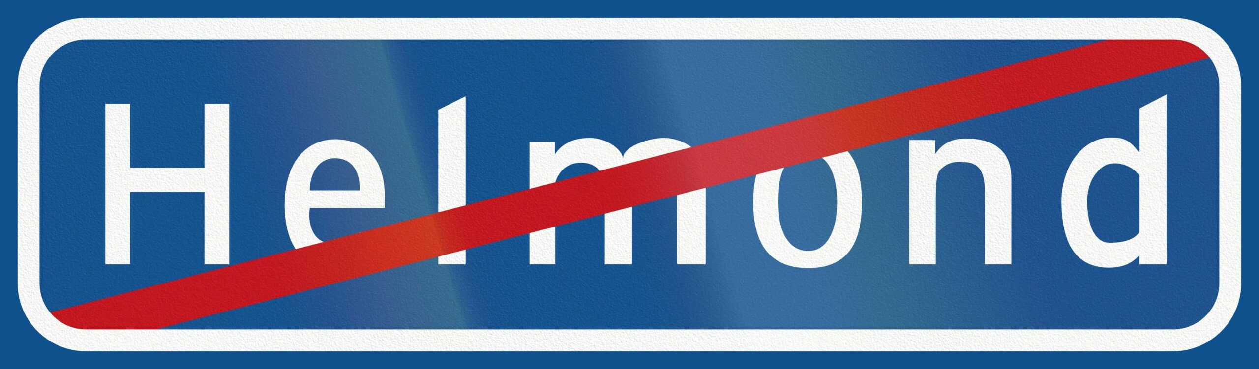 Blue rectangle with 'Helmond' written in white lettering with a red diagonal line going through it to show it's the end of a built up area.