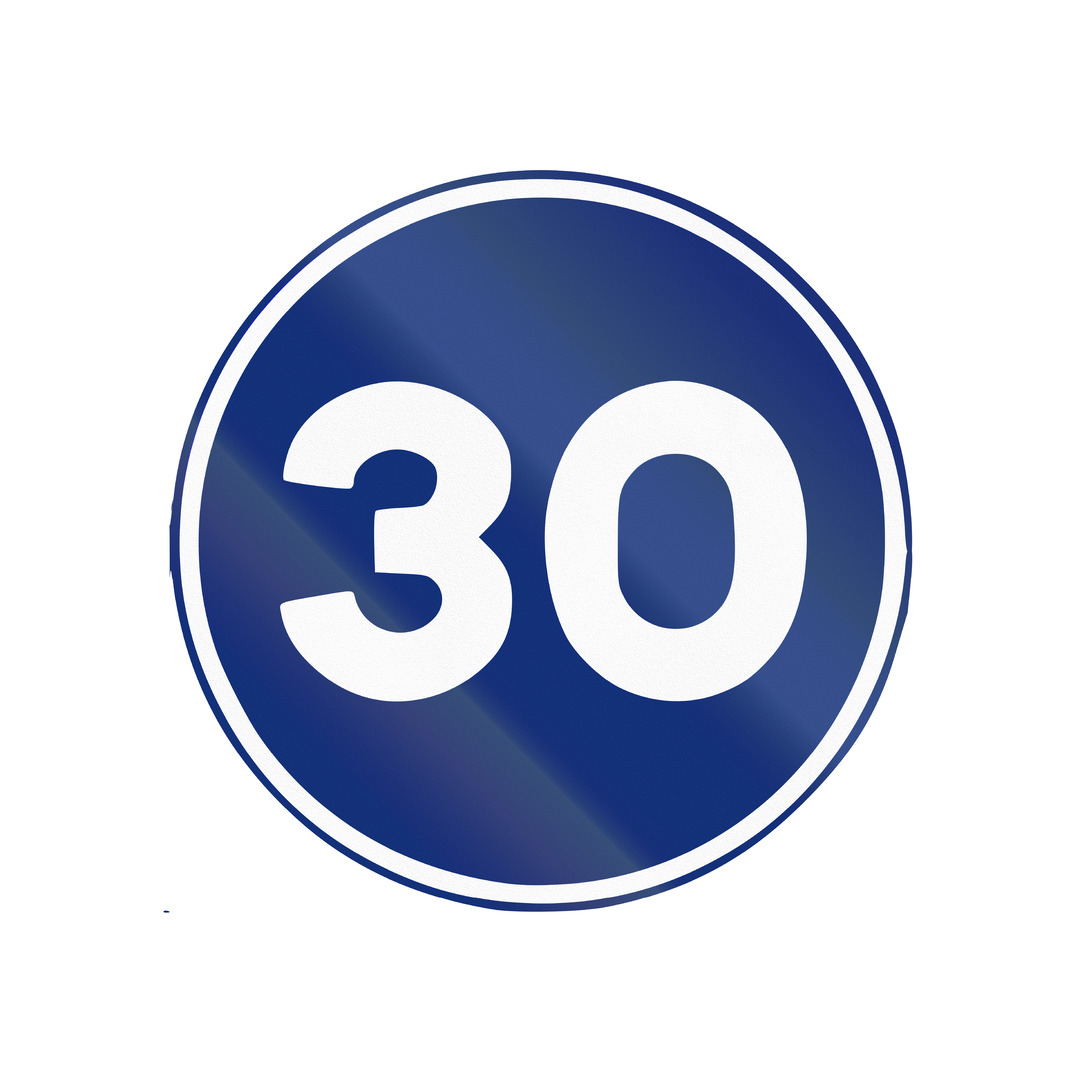 Blue circular speed limit sign with white "30" in bold to show there is a minimum speed of 30 kph.
