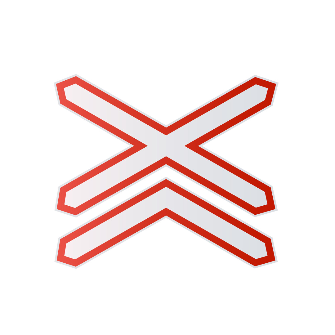 White cross with a red border with a white arrow and red border below it to show a railroad crossing.