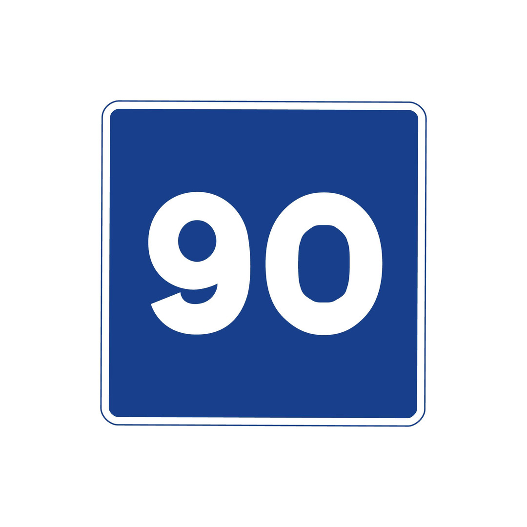 Blue square with the white number '90' in the centre to outline the recommended speed limit.