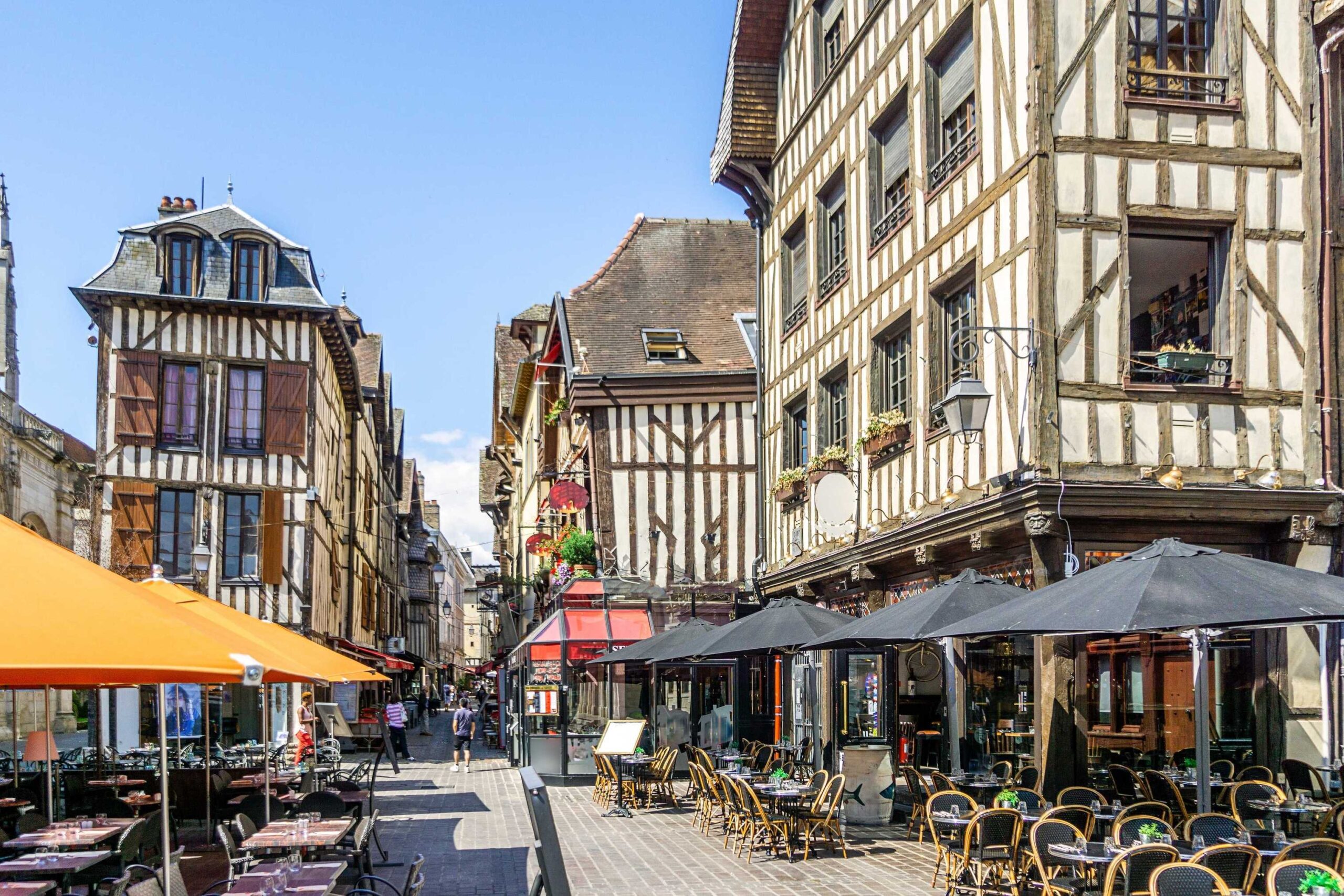 Tudor half-timbered houses on cobblestone streets in French town of Troyes.