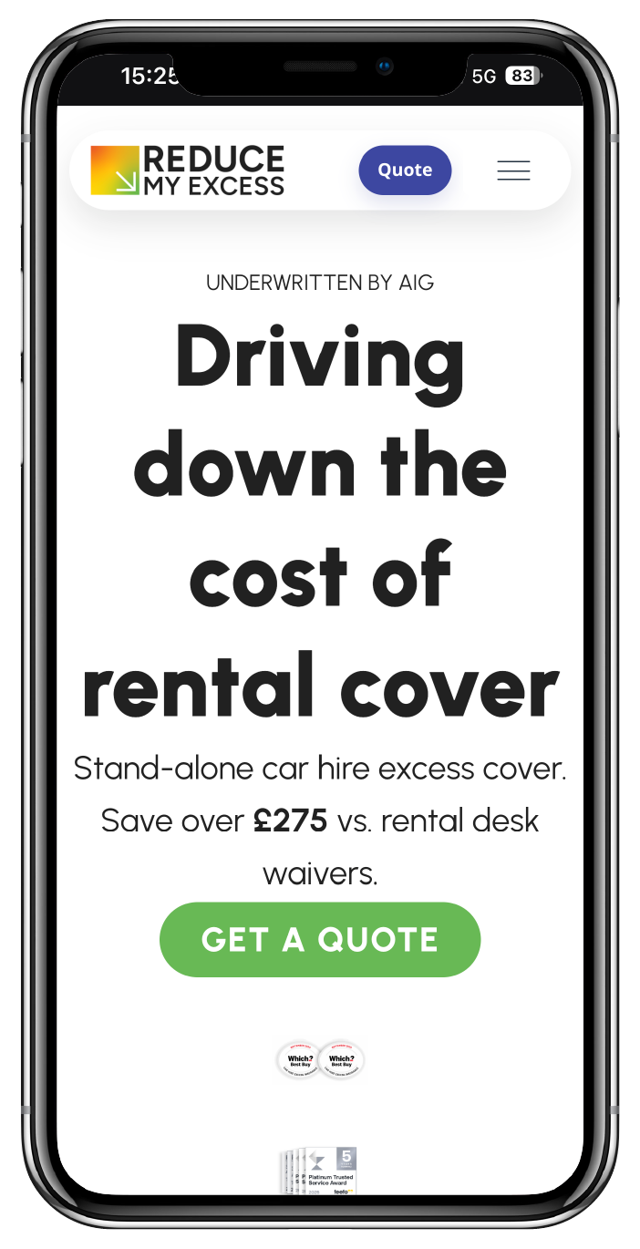 Smartphone displaying the ReduceMyExcess homepage for getting a car hire excess insurance quote.
