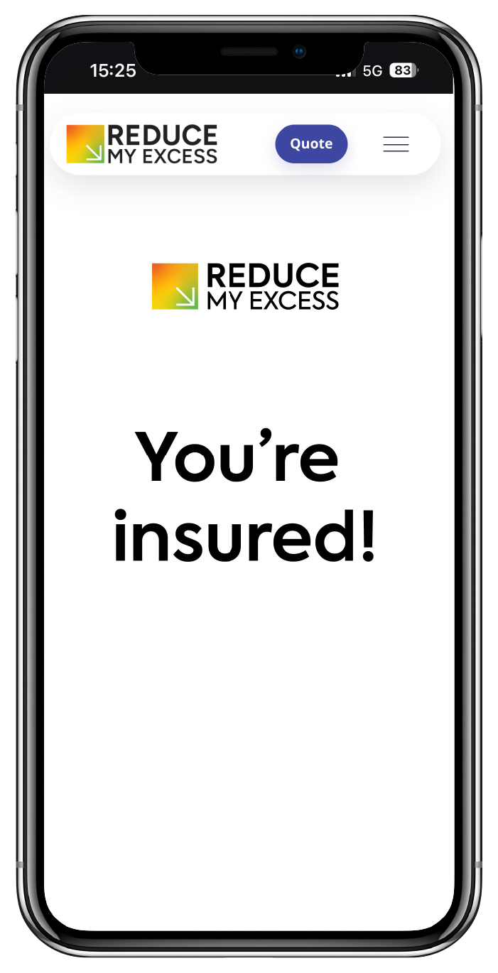 Smartphone displaying the ReduceMyExcess payment confirmed page with the text reading 'You're Insured' so the customer knows their car hire excess insurance policy purchase has been successful.