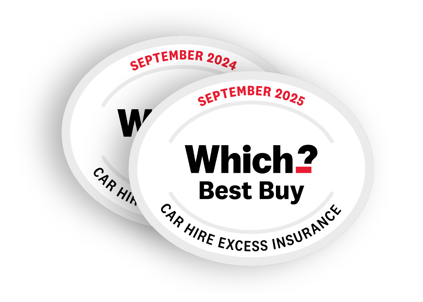 Two overlapping white oval badges displaying the text 'Which? Best Buy' for car hire excess insurance dated September 2024 and 2025.