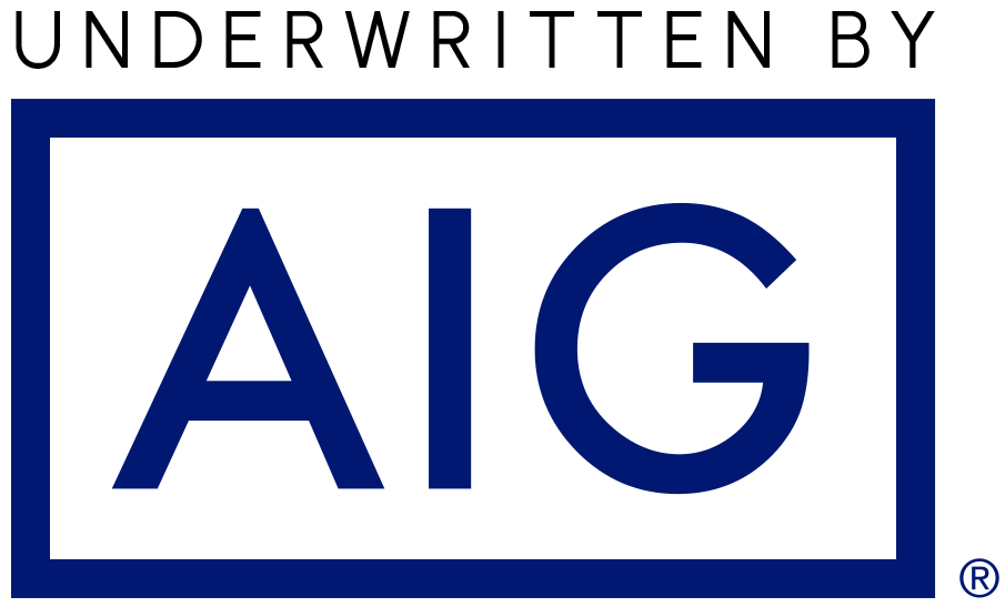 Logo displaying 'Underwritten by AIG' with 'AIG' in bold blue text centered in a rectangular frame.