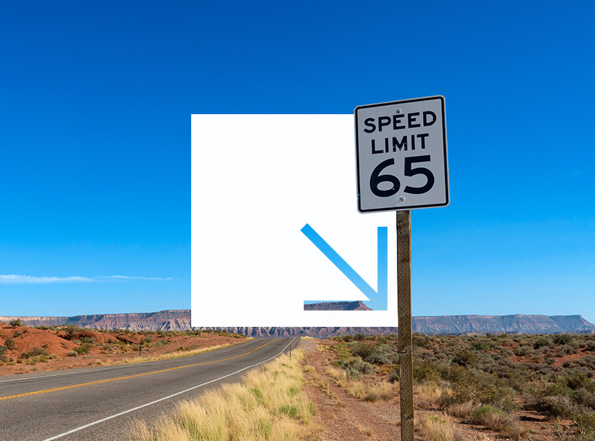 Speed limit 65 sign on a wide open American highway, ideal for travellers considering car hire excess insurance in the USA.