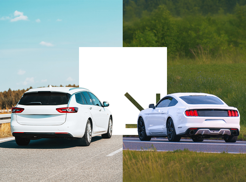 Split image showing the rear of a white station wagon on the left and a white sports car on the right.